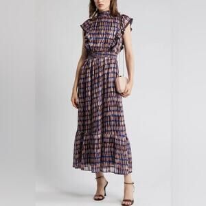 Lost + Wander Brown and Cream Sheath Maxi Dress Cap Sleeve